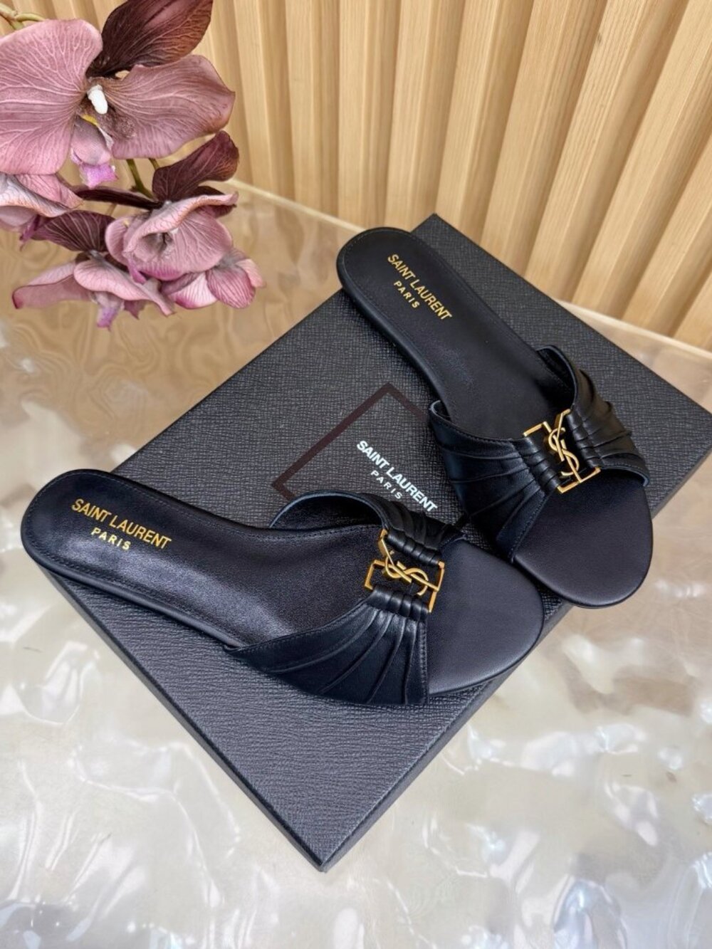 Saint Laurent YSL Black Pleated Leather Gold Logo Flat Open Toe Slide Mule Sanda
